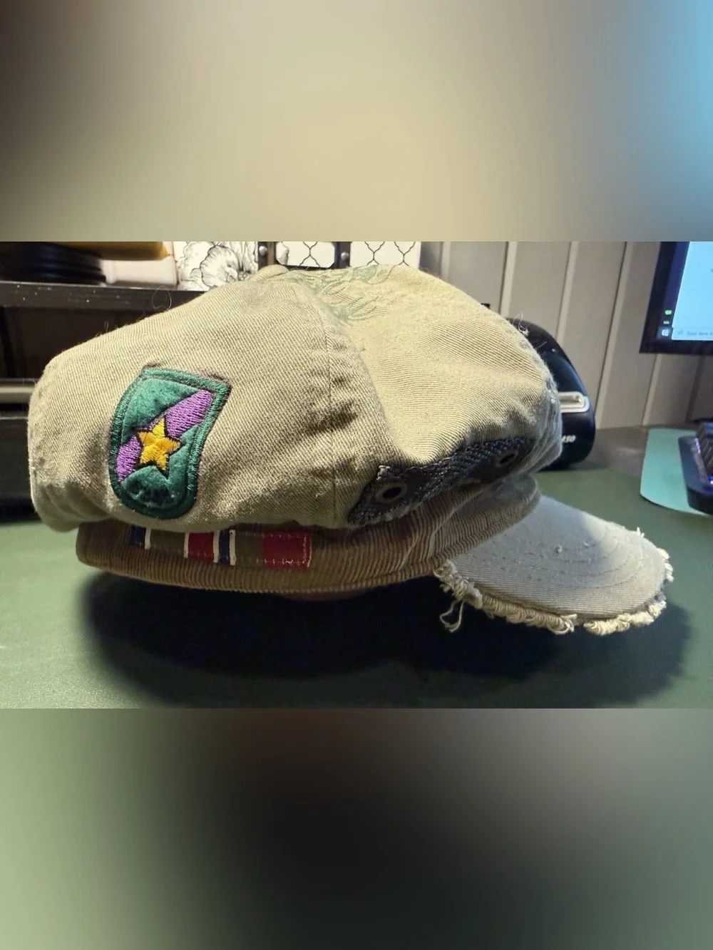 Vintage Distressed Military Cadet Cap Khaki Patchwork Cotton Newsboy Hat Unisex